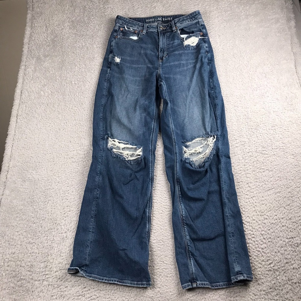 American Eagle Super High Rise Baggy Wide Leg Jeans Womens 10L (31x32) Distress